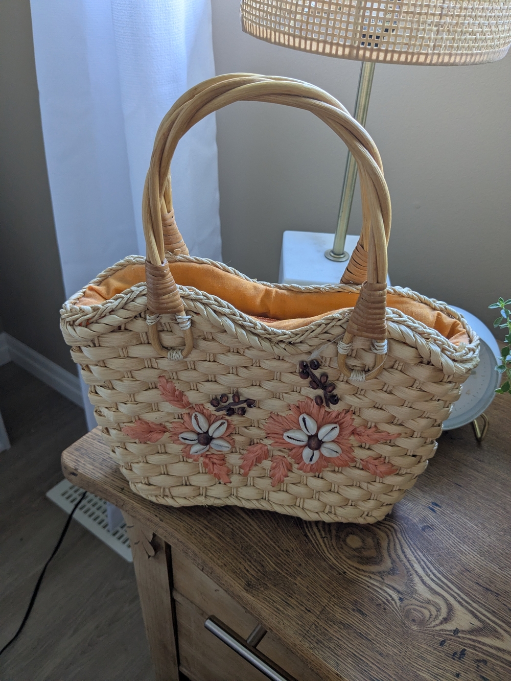 Embroidered Straw Tote Bag in Peach